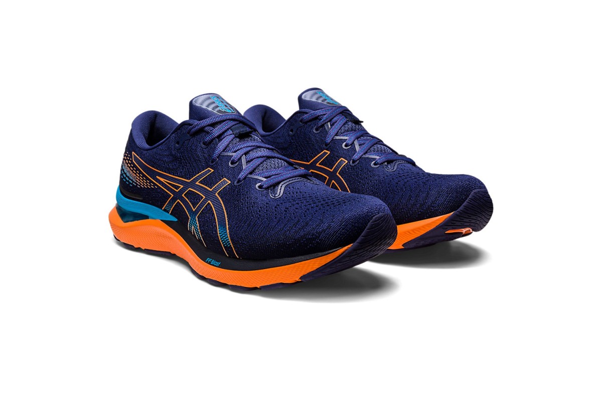 Asics Gel-Cumulus 24 Indigo Blue / Sun Peach The GEL-CUMULUS™ 24 shoe is a  versatile everyday trainer for various runners covering different  distances. From the upper to the foam underfoot, this shoe