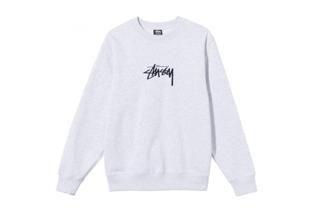 Stussy Stock Logo Applique Embroidered Crew Sweat Ash Grey Crew sweatshirt  with Stüssy embroidery on center chest. Ribbed neck, cuffs and hem. 80%  Cotton 20% Polyester Fleece Penloe