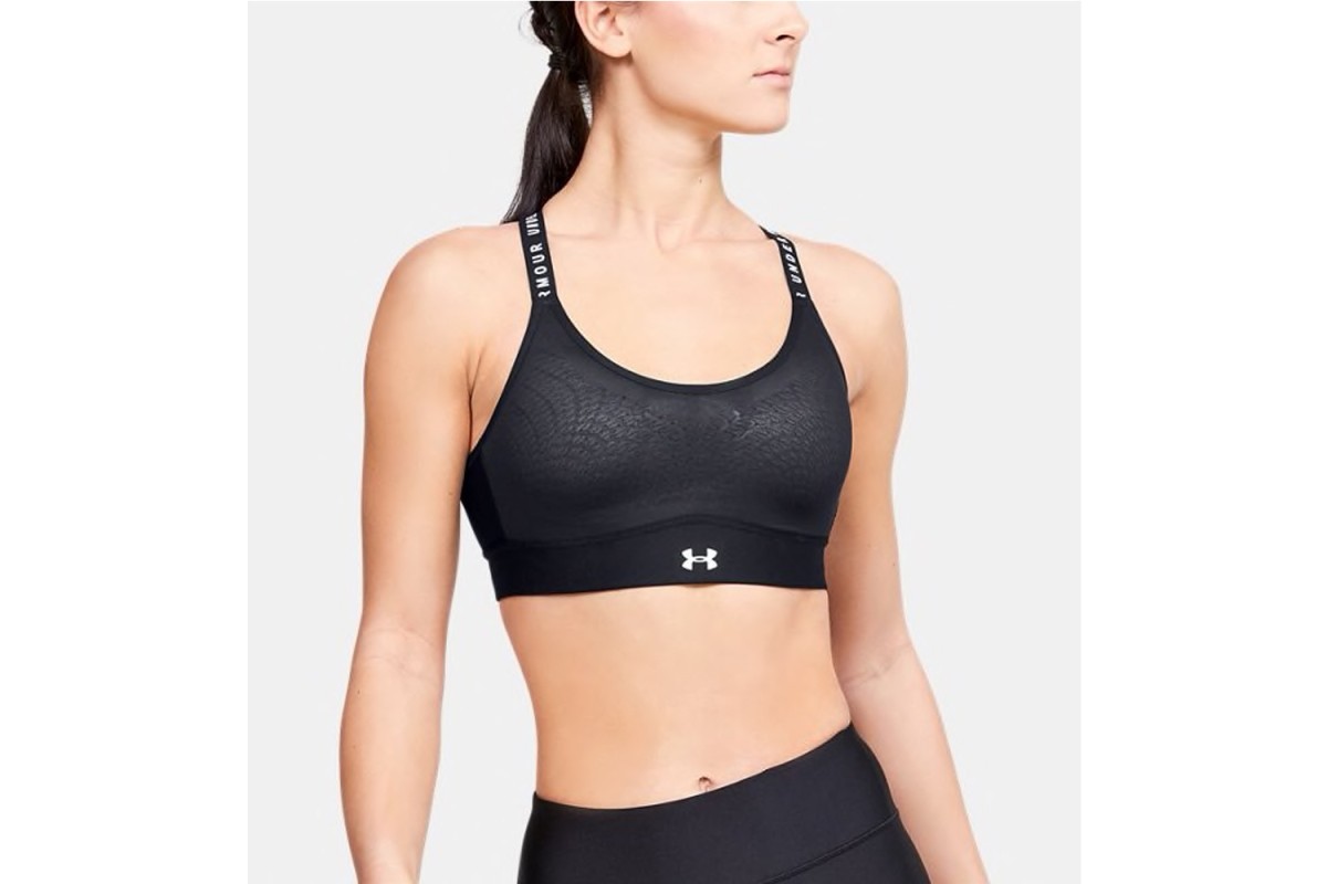 Under Armour Infinity Mid Sports Bra Black They threw out traditional  construction rules and injected the padding in a figure-8 pattern for a  more aerodynamic fit and a much lighter feel. Fitted
