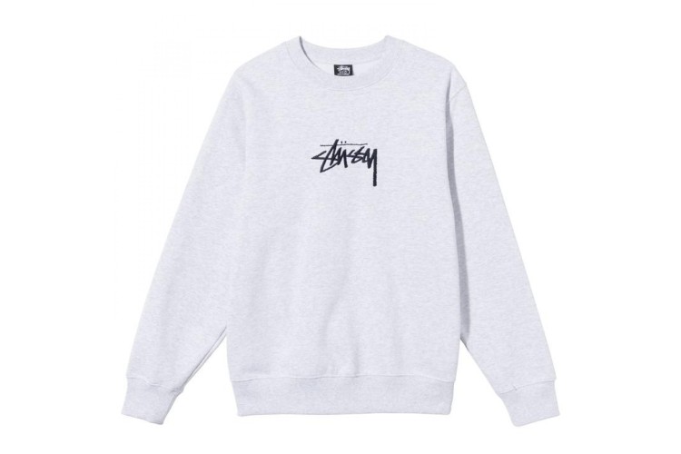 Stussy Stock Logo Applique Embroidered Crew Sweat Ash Grey Crew sweatshirt  with Stüssy embroidery on center chest. Ribbed neck, cuffs and hem. 80%  Cotton / 20% Polyester Fleece - Penloe
